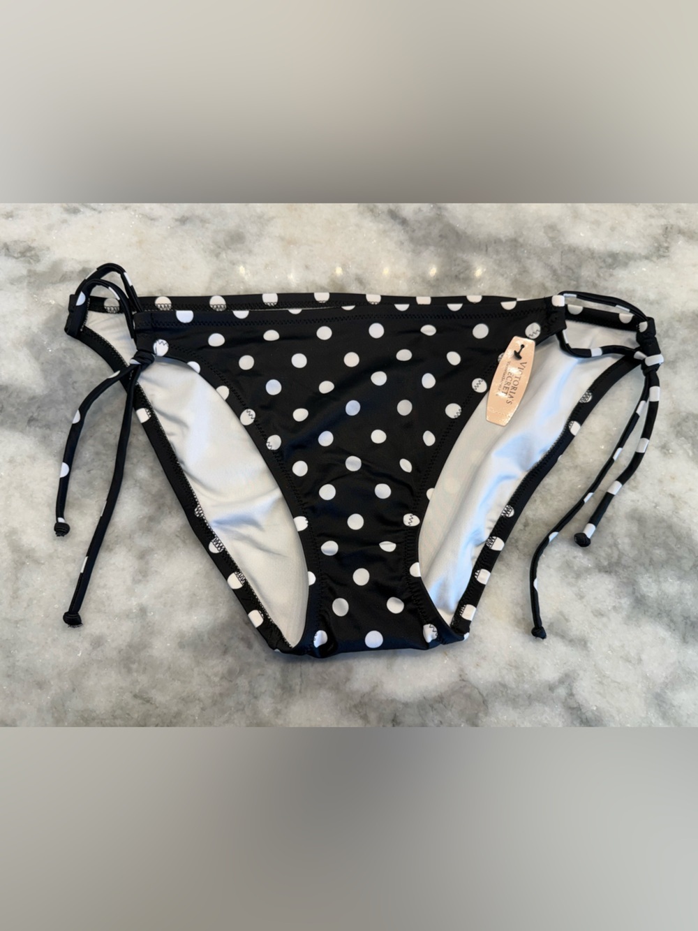 Victoria’s Secret Black White Polka Dot Tie Side Bikini Bottom L BNWT